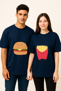 A Perfect Combo: Burger & Fries Printed Couples Oversized T-shirt