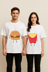 A Perfect Combo: Burger & Fries Printed Couple Duo Oversized T-shirts