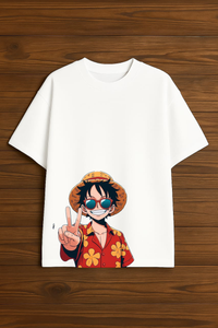 Men's One Piece Luffy Peace Sign Printed Oversized T-shirt -Anime Inspired