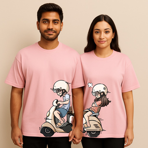 Couple's Scooter Ride Printed Oversized T-shirt