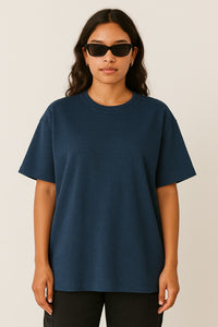 Women's Navy Blue Plain Oversized Crew Neck T-shirt
