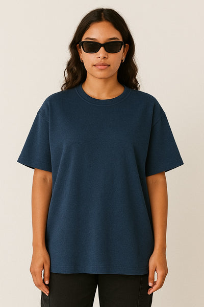 Women's Navy Blue Plain Oversized Crew Neck T-shirt