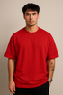 Men's Red Oversized Plain Crew Neck T-shirt