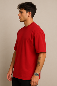 Men's Red Oversized Plain Crew Neck T-shirt