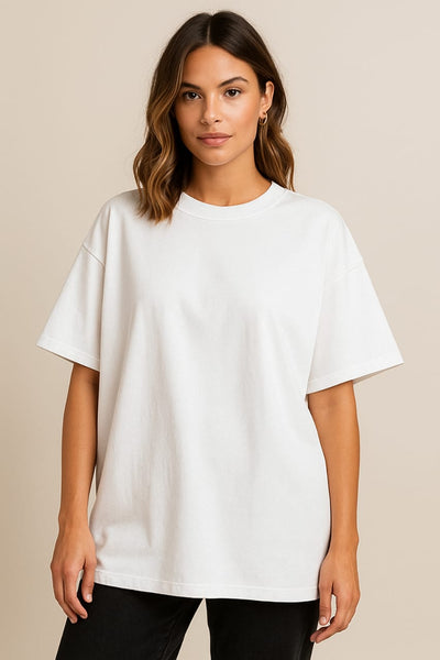 Women's White Oversized Plain Crew Neck T-shirt