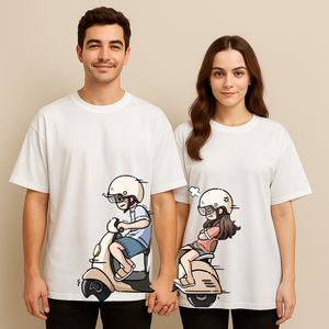 Couple's Scooter Ride Printed Oversized T-shirt